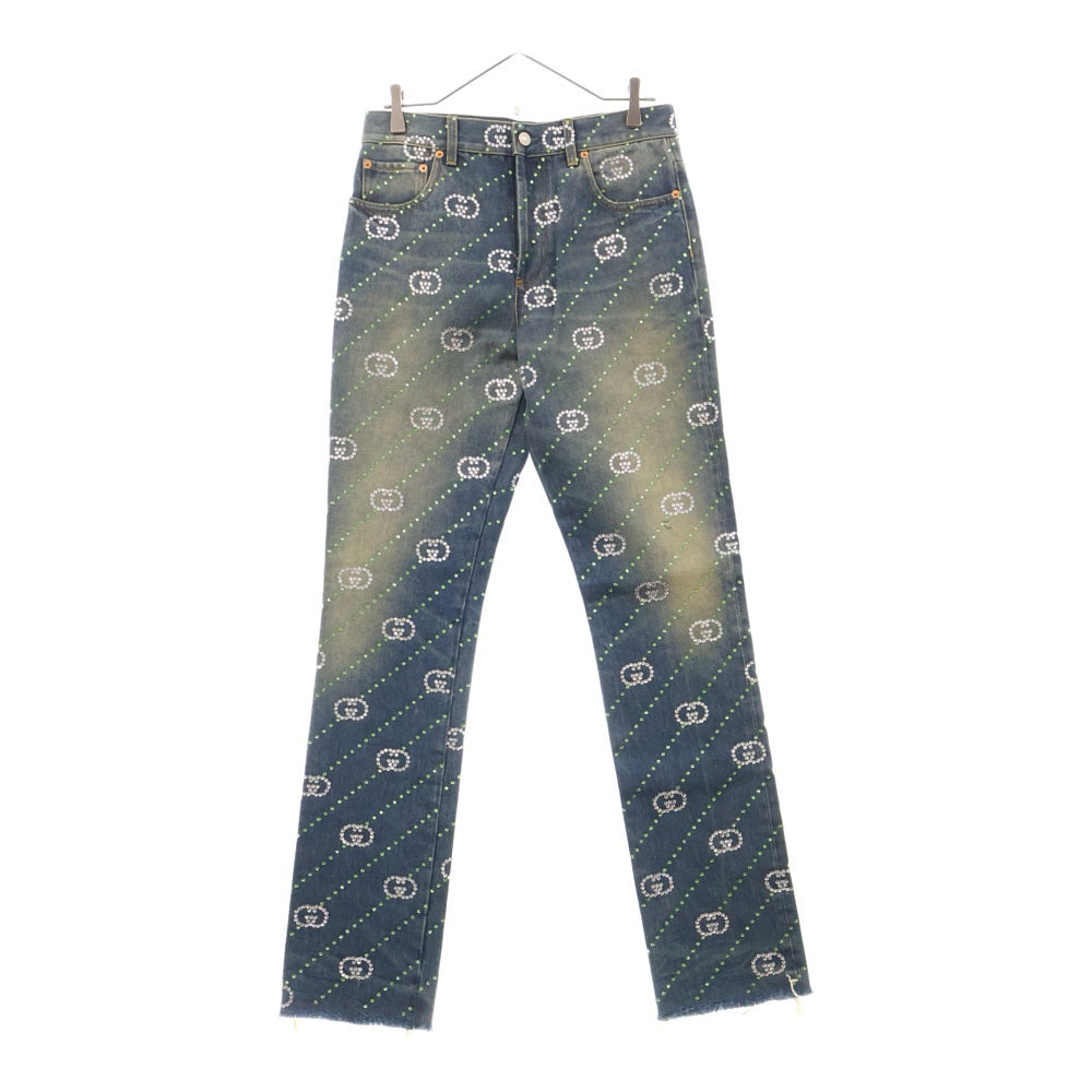 GUCCI(グッチ) Crystal Interlocking G Denim Pant インターロッキング GGロゴ 総柄 クリスタル装飾 デニムパンツ インディゴ 760957 XDCOT