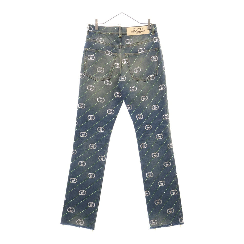 GUCCI(グッチ) Crystal Interlocking G Denim Pant インターロッキング GGロゴ 総柄 クリスタル装飾 デニムパンツ インディゴ 760957 XDCOT