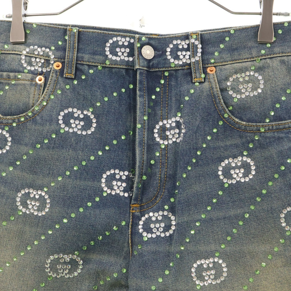 GUCCI(グッチ) Crystal Interlocking G Denim Pant インターロッキング GGロゴ 総柄 クリスタル装飾 デニムパンツ インディゴ 760957 XDCOT