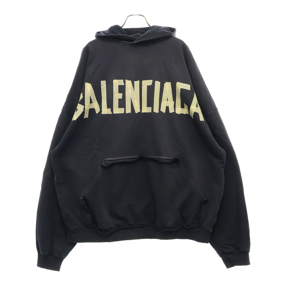 BALENCIAGA(バレンシアガ) 23SS テープロゴプリントダメージ加工スウェットプルオーバーフーディ パーカー ブラック 744190 T0VB1