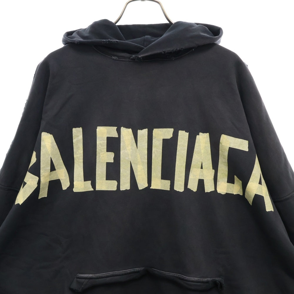 BALENCIAGA(バレンシアガ) 23SS テープロゴプリントダメージ加工スウェットプルオーバーフーディ パーカー ブラック 744190 T0VB1
