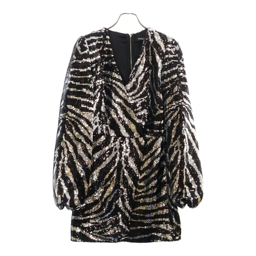 DOLCE & GABBANA(ドルチェアンドガッバーナ) オールスパンコール レディース バックジップ ワンピース シルバー/ブラック F8AFQT