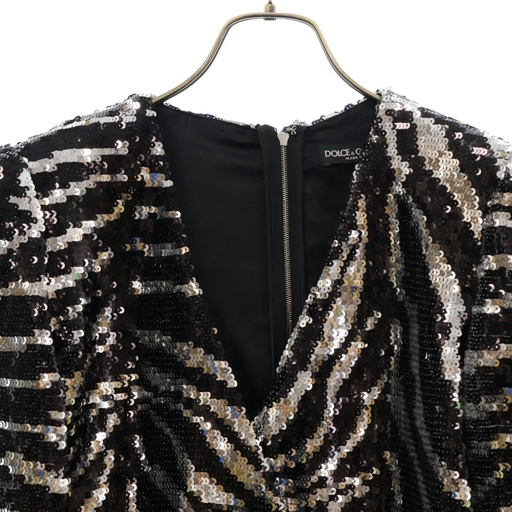 DOLCE & GABBANA(ドルチェアンドガッバーナ) オールスパンコール レディース バックジップ ワンピース シルバー/ブラック F8AFQT
