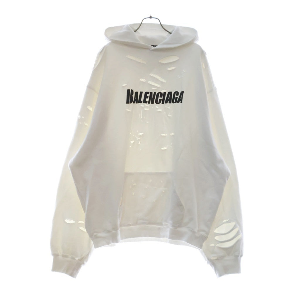 BALENCIAGA(バレンシアガ) 21SS Caps Destroyed Hoodie キャップス デストロイド フーディ プルオーバーパーカー ダメージ加工 ホワイト 659403 TKVB6