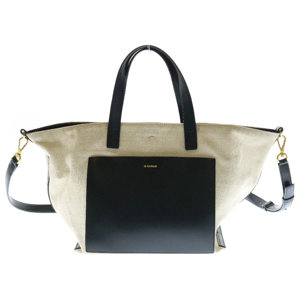 JIL SANDER(ジルサンダー) レザー キャンバス 2Way ショルダーバッグ トートバッグ アイボリー/ブラック