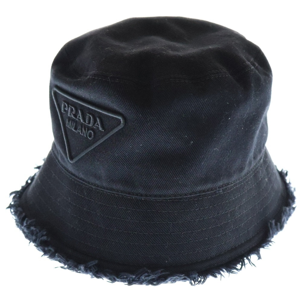 PRADA(プラダ) 23SS フリンジ ロゴ刺繍 コットン バケットハット ブラック 1HC137 2FMB