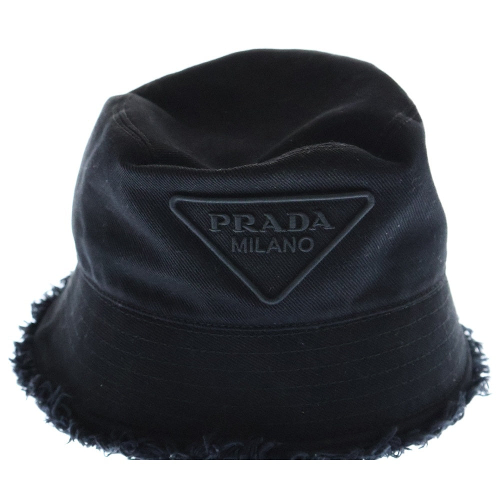 PRADA(プラダ) 23SS フリンジ ロゴ刺繍 コットン バケットハット ブラック 1HC137 2FMB