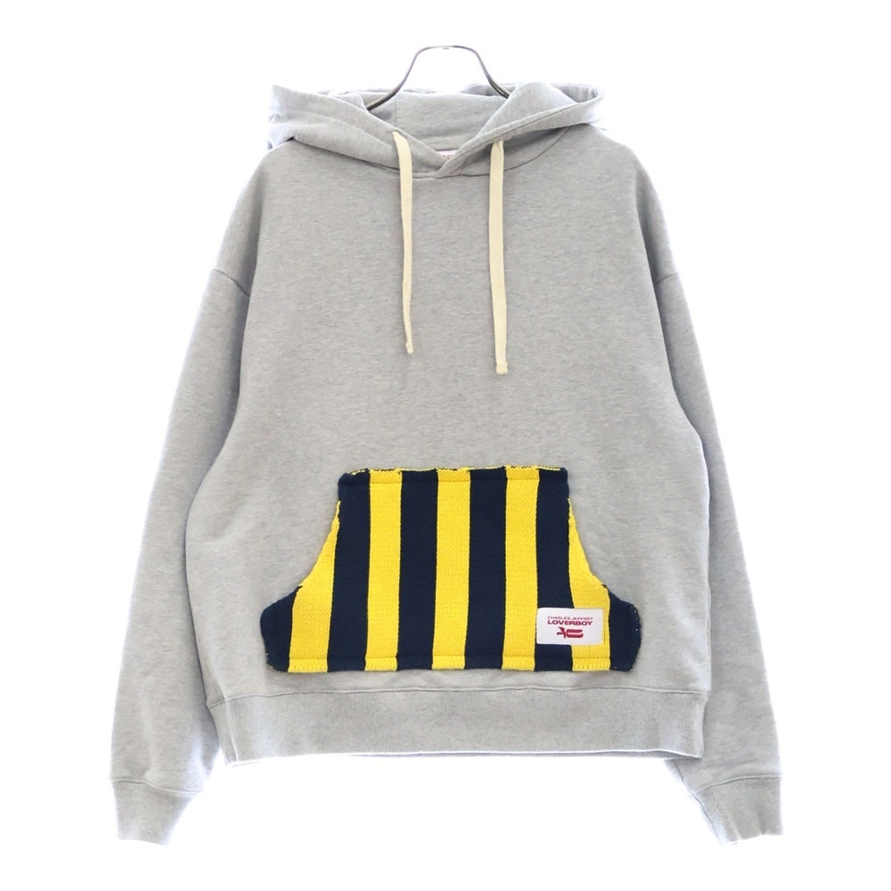 CHARLES JEFFREY LOVERBOY(チャールズジェフリーラバーボーイ) 25SS KNIT PATCH LOGO HOODY ニットパッチロゴ 猫耳 プルオーバーパーカー グレー