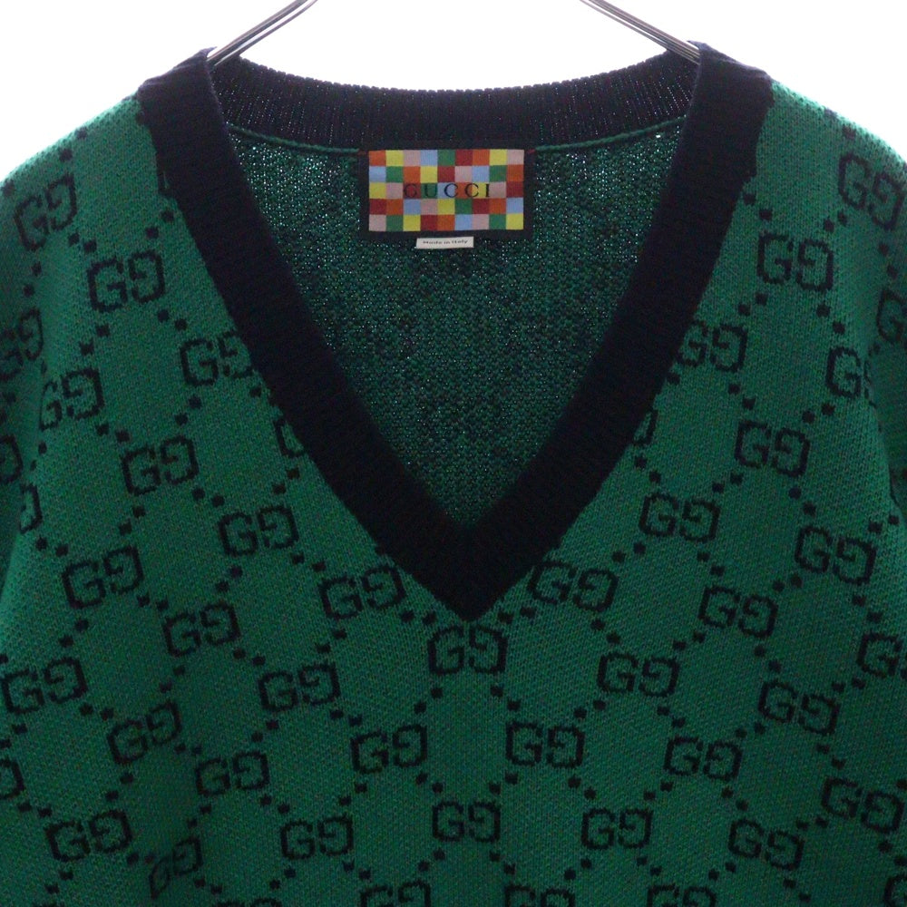 GUCCI(グッチ) Vネック GG総柄 ウール コットン デザインニット グリーン 661155 XKBXI