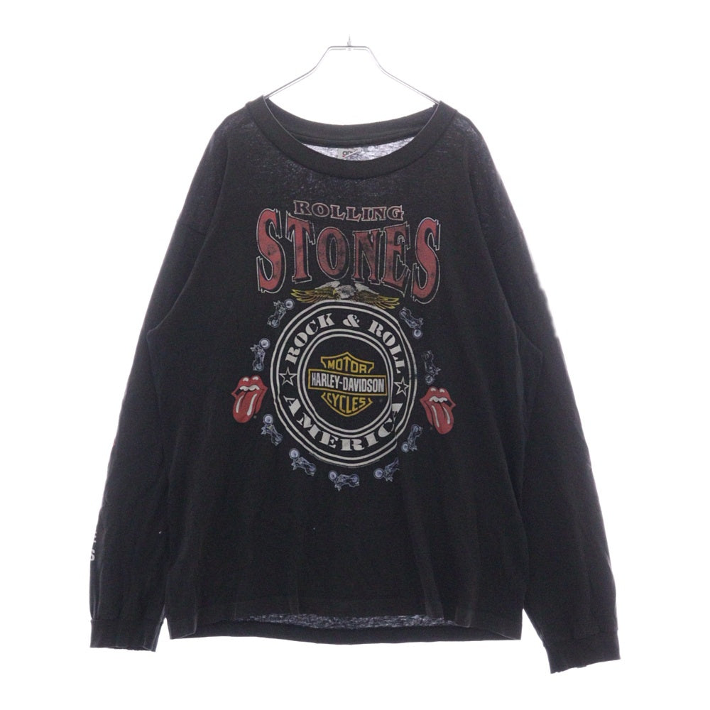 VINTAGE(ヴィンテージ) 90s HARLEY DAVIDSON ROLLING STONES ハーレーダビッドソン ローリングストーンズ クルーネック 長袖Tシャツ ブラック
