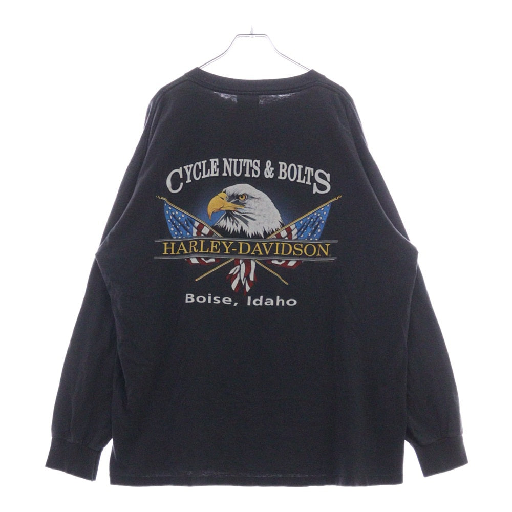 VINTAGE(ヴィンテージ) 90s HARLEY DAVIDSON EAGLE ハーレーダビッドソン イーグル 両面プリント クルーネック 長袖Tシャツ ブラック