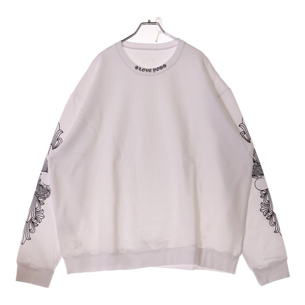 CHROME HEARTS(クロムハーツ) LOVE YOU NECK LOGO ラブユー ネックロゴ 袖フローラルプリント クルーネックスウェット ホワイト