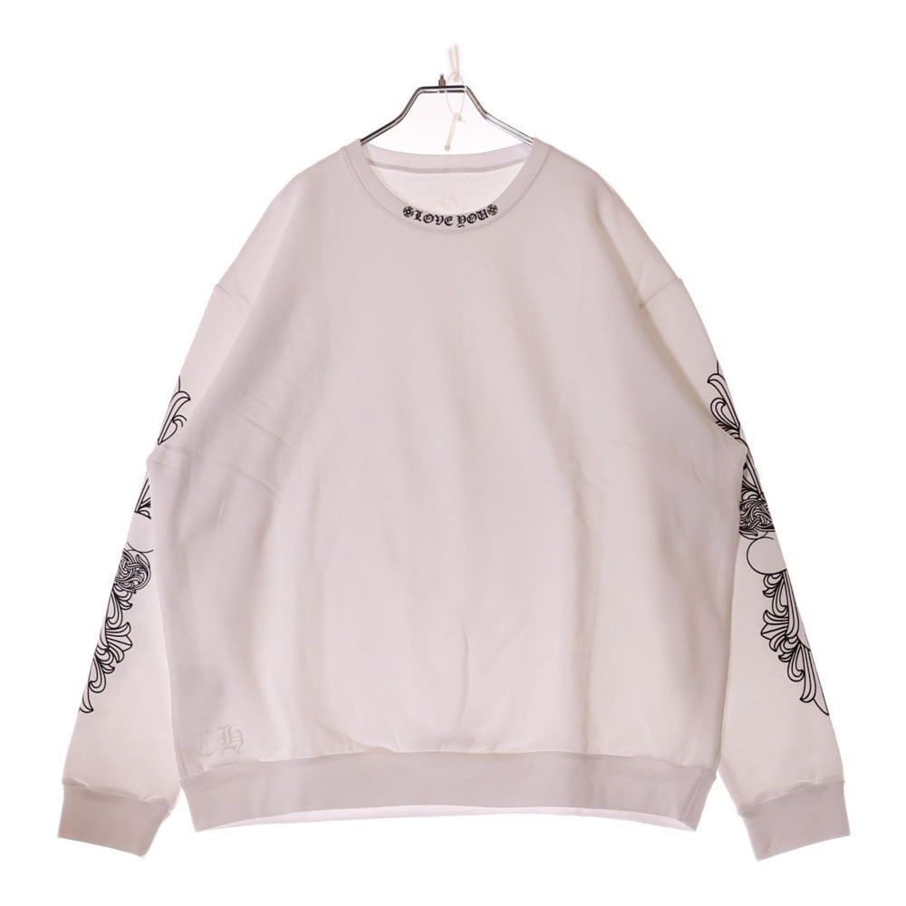 CHROME HEARTS(クロムハーツ) LOVE YOU NECK LOGO ラブユー ネックロゴ 袖フローラルプリント クルーネックスウェット ホワイト