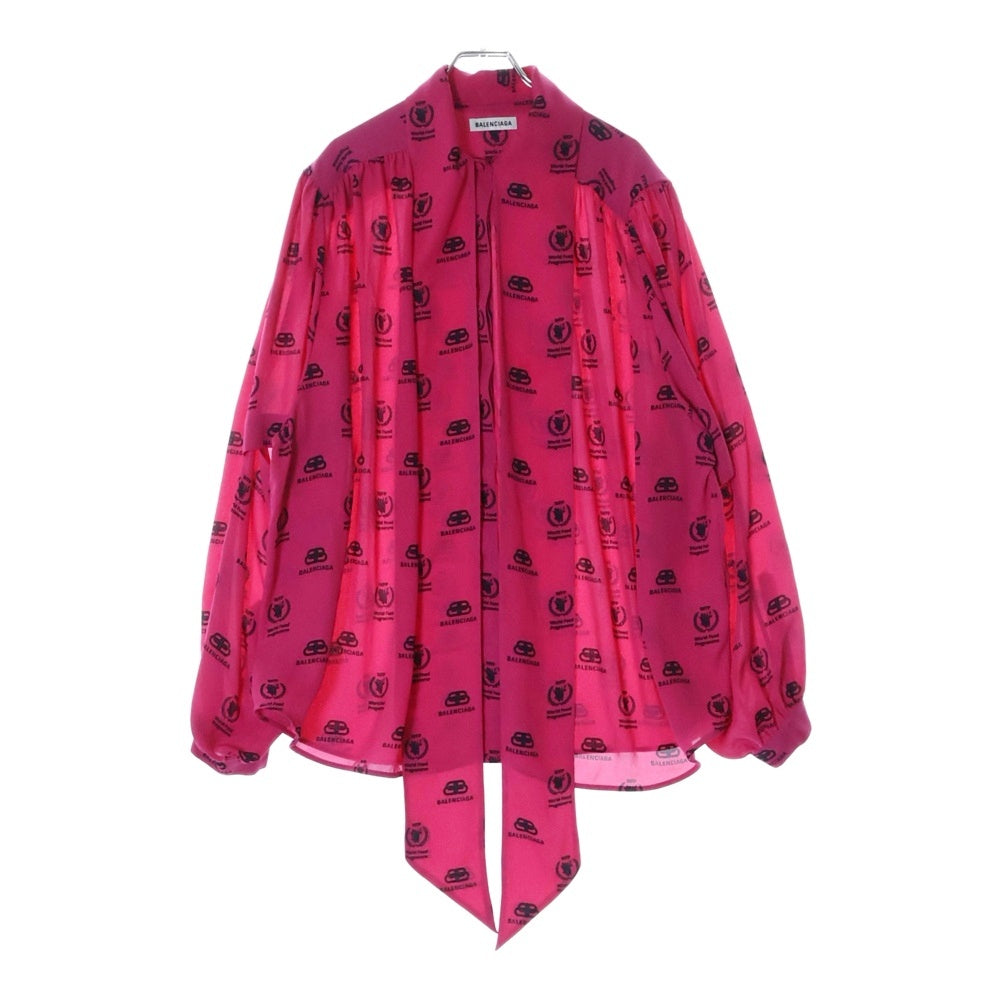 BALENCIAGA(バレンシアガ) WFP ロゴプリント 総柄 ボウカラー ダブルスリーブ 長袖シャツ ブラウス ピンク レディース 595068 TIL21
