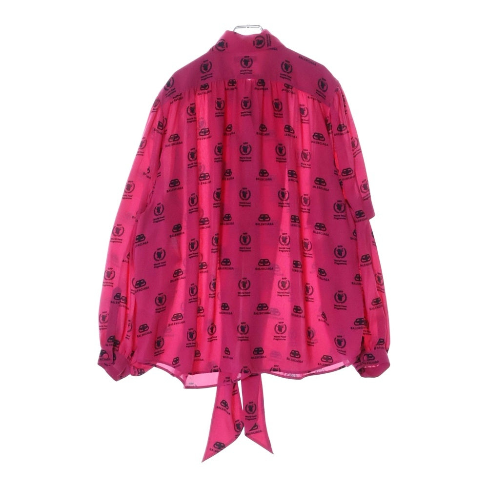BALENCIAGA(バレンシアガ) WFP ロゴプリント 総柄 ボウカラー ダブルスリーブ 長袖シャツ ブラウス ピンク レディース 595068 TIL21