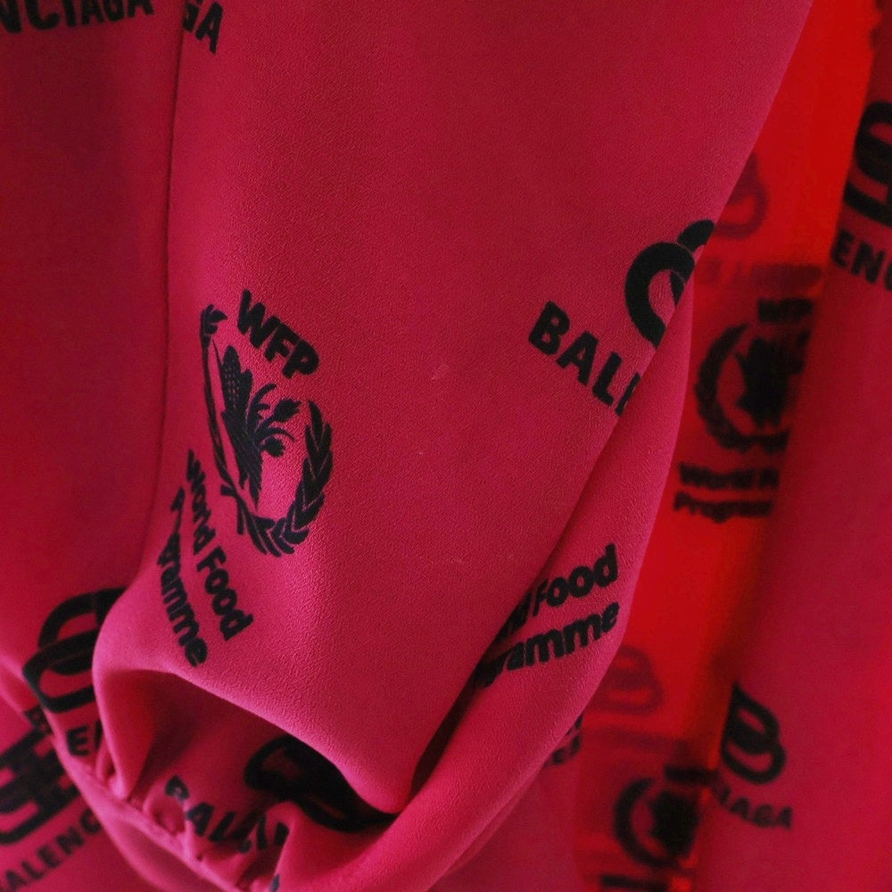 BALENCIAGA(バレンシアガ) WFP ロゴプリント 総柄 ボウカラー ダブルスリーブ 長袖シャツ ブラウス ピンク レディース 595068 TIL21