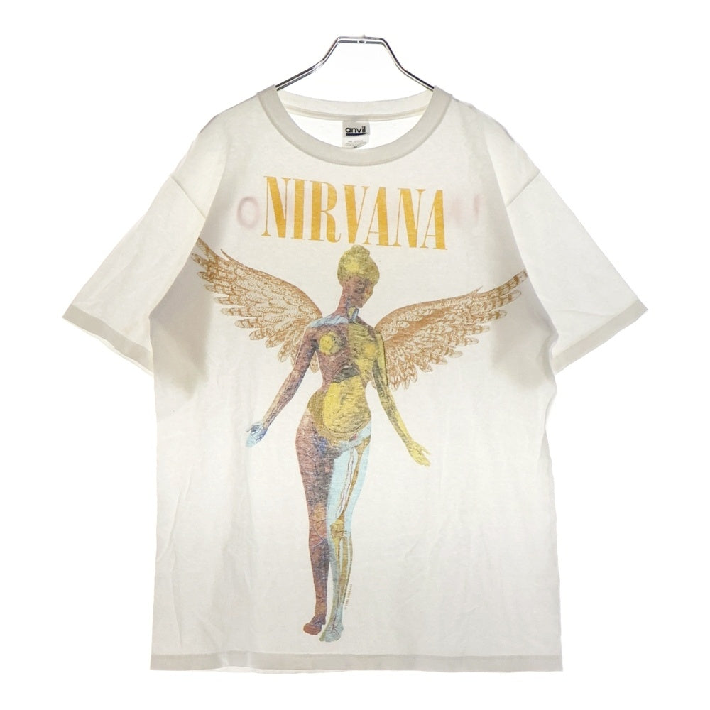 VINTAGE(ヴィンテージ) NIRVANA INUTERO ニルヴァーナ インユーテロ ANVIL 青バータグ 両面プリント クルーネック半袖Tシャツ ホワイト