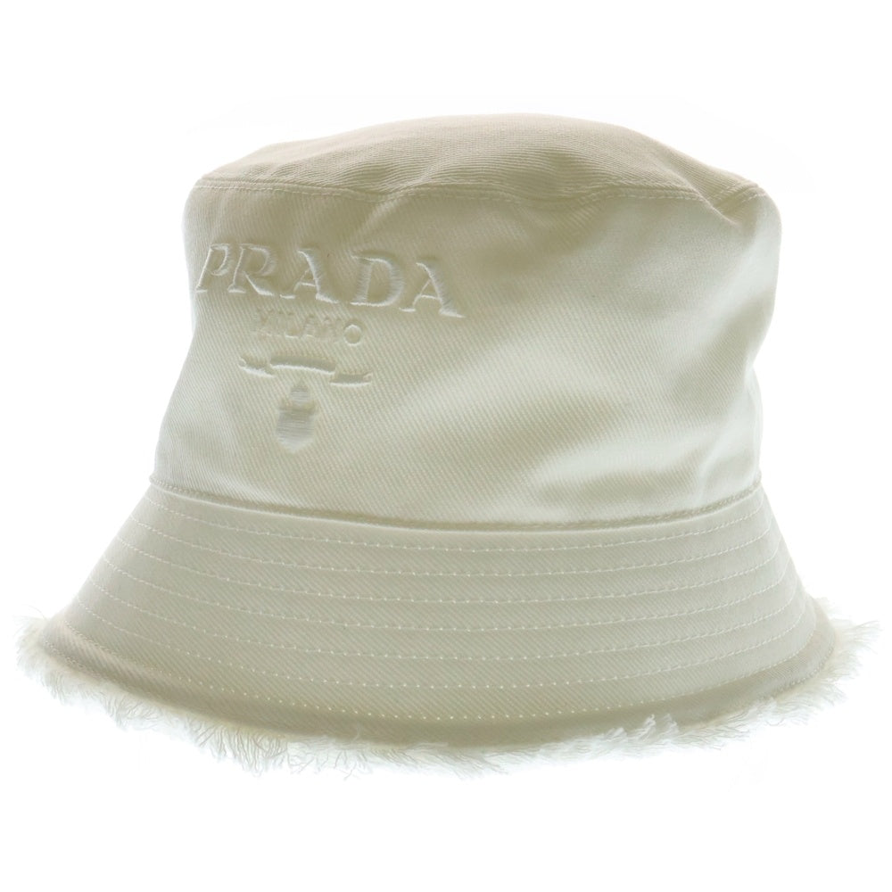 PRADA(プラダ) 23SS フリンジ ロゴ刺繍 コットン バケットハット ホワイト 1HC137 2CXJ