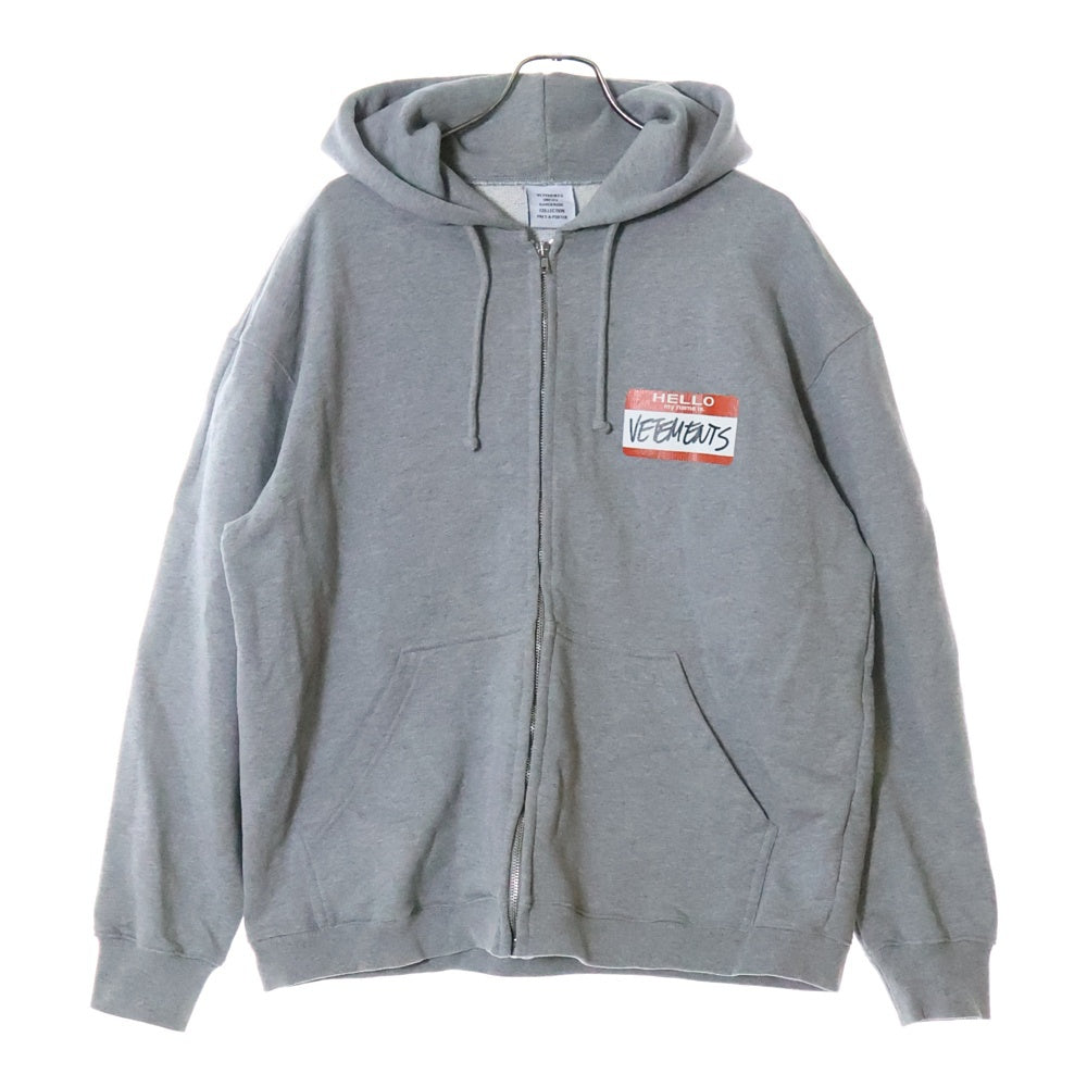VETEMENTS(ヴェトモン) MY NAME IS VETEMENTS ZIP UP HOODIE マイネームイズヴェトモン ジップアップパーカー グレー UE52TR420G
