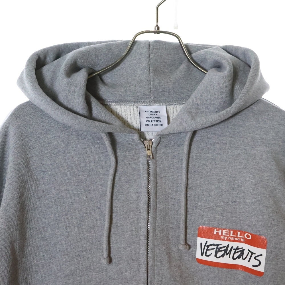 VETEMENTS(ヴェトモン) MY NAME IS VETEMENTS ZIP UP HOODIE マイネームイズヴェトモン ジップアップパーカー グレー UE52TR420G