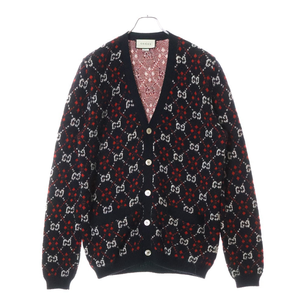 GUCCI(グッチ) GG ダイヤモンド アルパカ混 ニット カーディガン 543497 X9Z62 ブラック/レッド/ホワイト