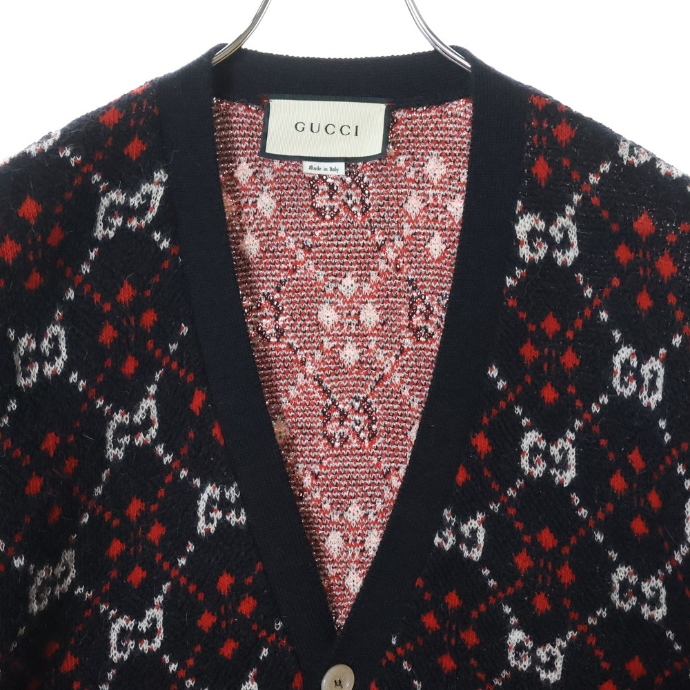 GUCCI(グッチ) GG ダイヤモンド アルパカ混 ニット カーディガン 543497 X9Z62 ブラック/レッド/ホワイト