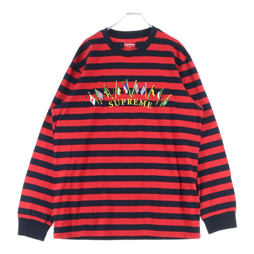 SUPREME(シュプリーム) 19AW Flags L/S Top フラッグ刺繍ボーダー長袖Tシャツ レッド/ブラック