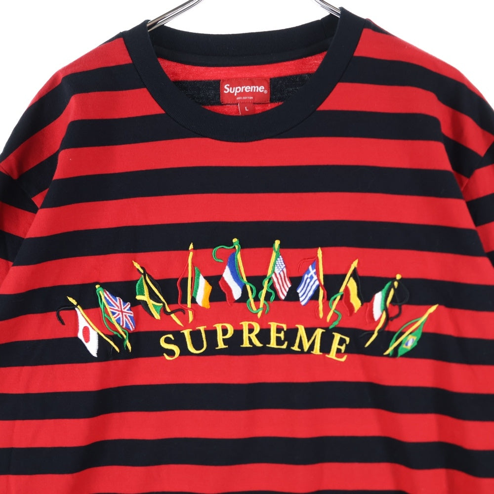 SUPREME(シュプリーム) 19AW Flags L/S Top フラッグ刺繍ボーダー長袖Tシャツ レッド/ブラック