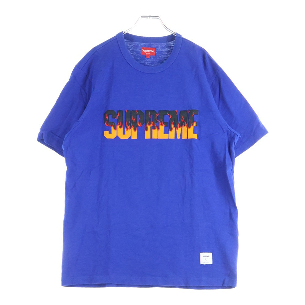 SUPREME(シュプリーム) 19AW Flame S/S Top フレイムロゴワッペン付き半袖Tシャツ クルーネックカットソー ブルー