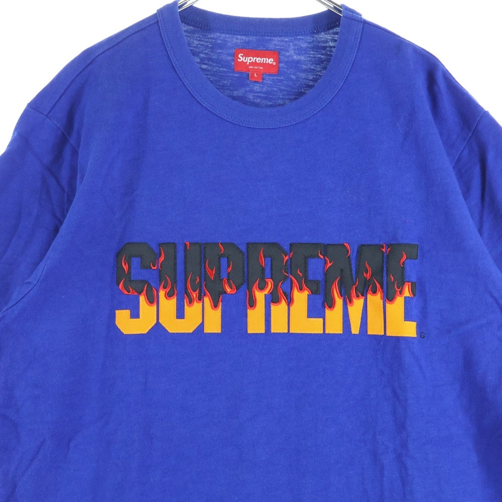 SUPREME(シュプリーム) 19AW Flame S/S Top フレイムロゴワッペン付き半袖Tシャツ クルーネックカットソー ブルー