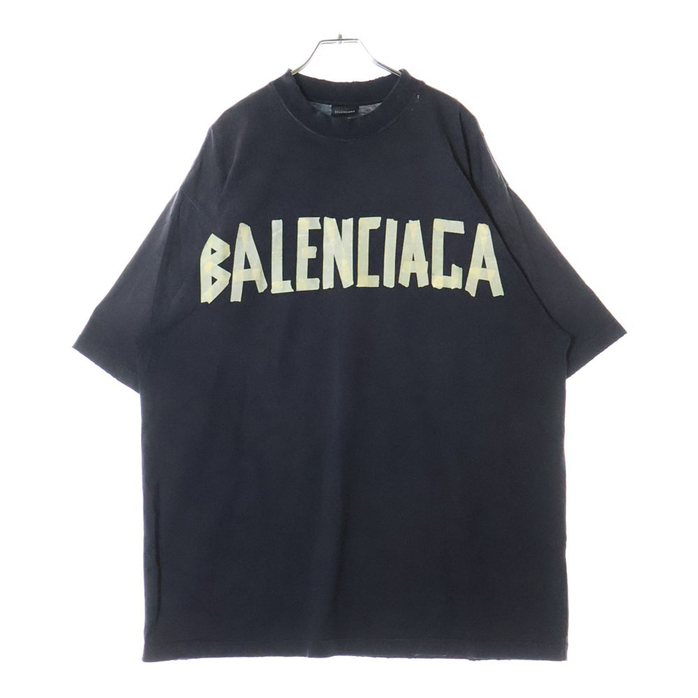 BALENCIAGA(バレンシアガ) デストロイ加工 テープロゴ クルーネック 半袖Tシャツ ブラック 739784 T0VA9