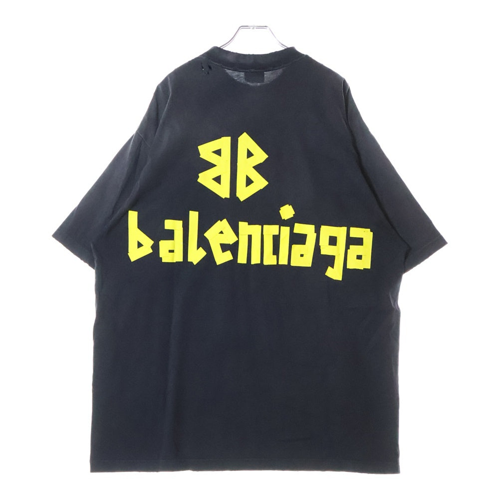 BALENCIAGA(バレンシアガ) デストロイ加工 テープロゴ クルーネック 半袖Tシャツ ブラック 739784 T0VA9