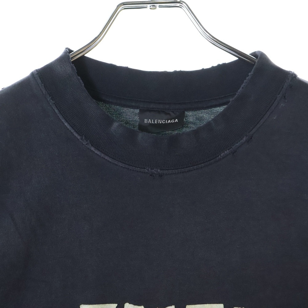 BALENCIAGA(バレンシアガ) デストロイ加工 テープロゴ クルーネック 半袖Tシャツ ブラック 739784 T0VA9