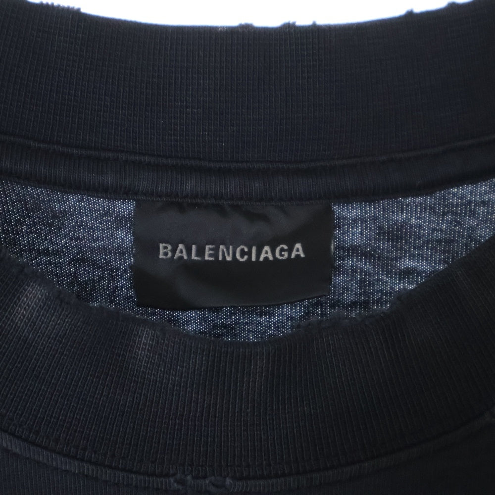 BALENCIAGA(バレンシアガ) デストロイ加工 テープロゴ クルーネック 半袖Tシャツ ブラック 739784 T0VA9
