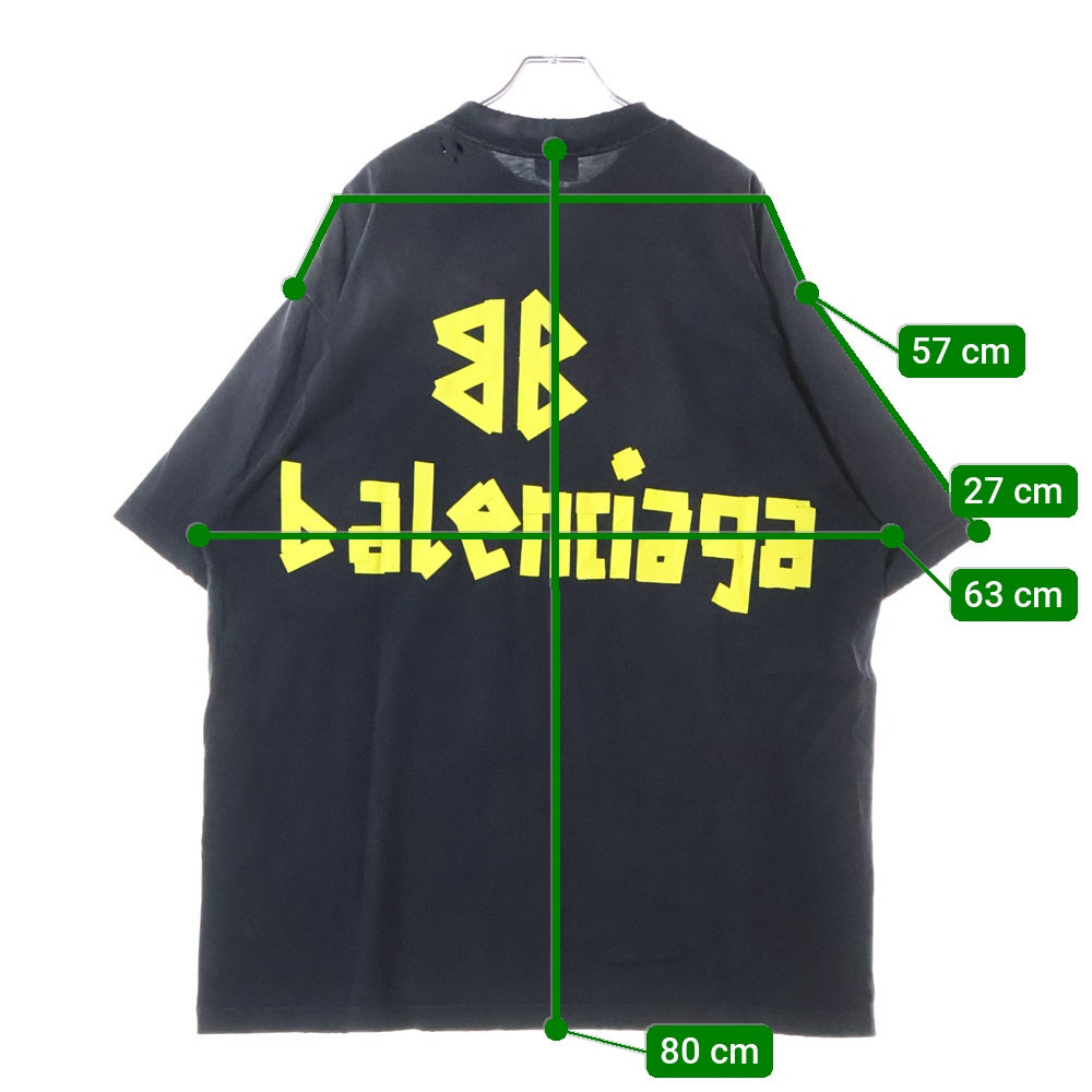 BALENCIAGA(バレンシアガ) デストロイ加工 テープロゴ クルーネック 半袖Tシャツ ブラック 739784 T0VA9