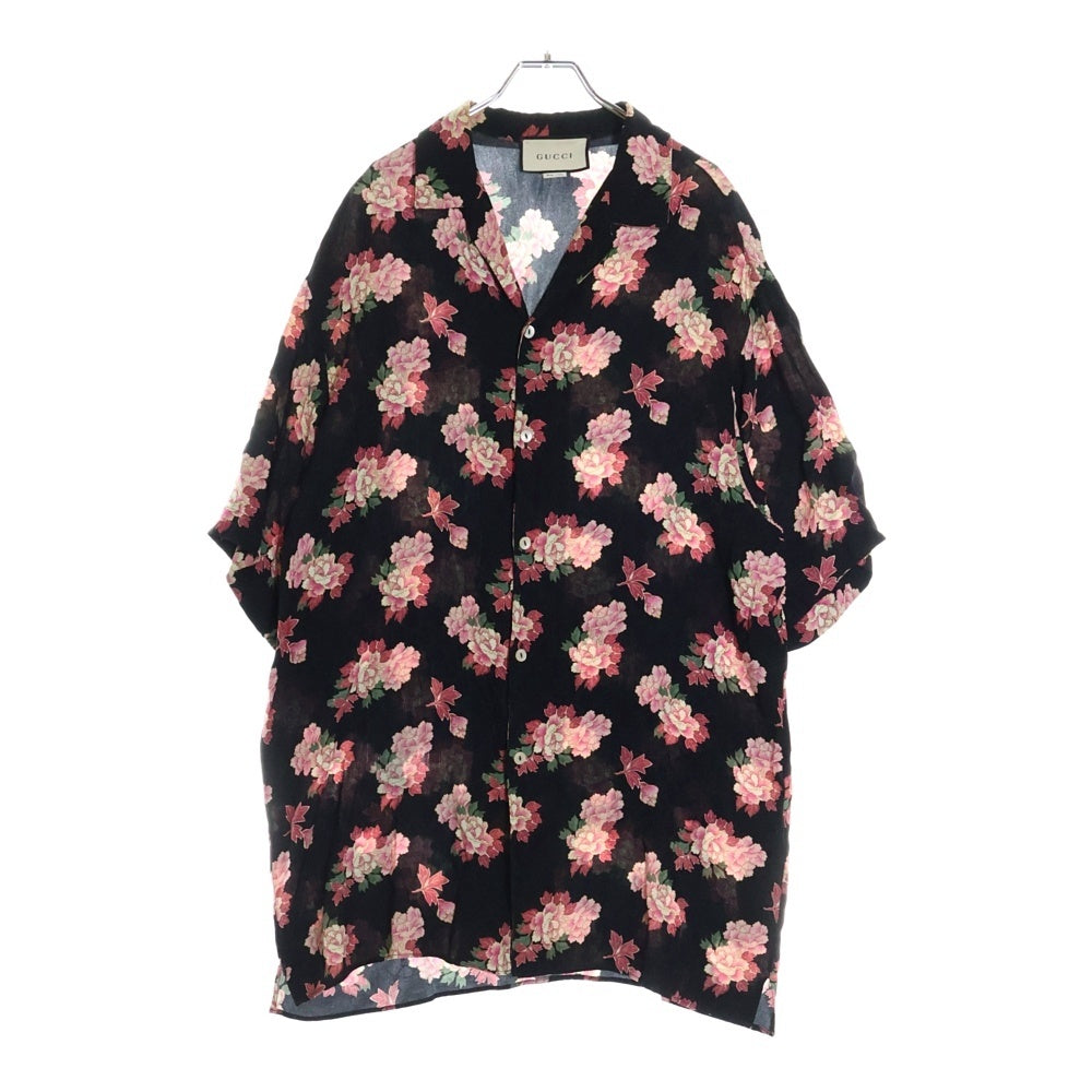GUCCI(グッチ) フラワープリント GG総柄 オープンカラー半袖シルクシャツ ブラック 625502 ZAEP6