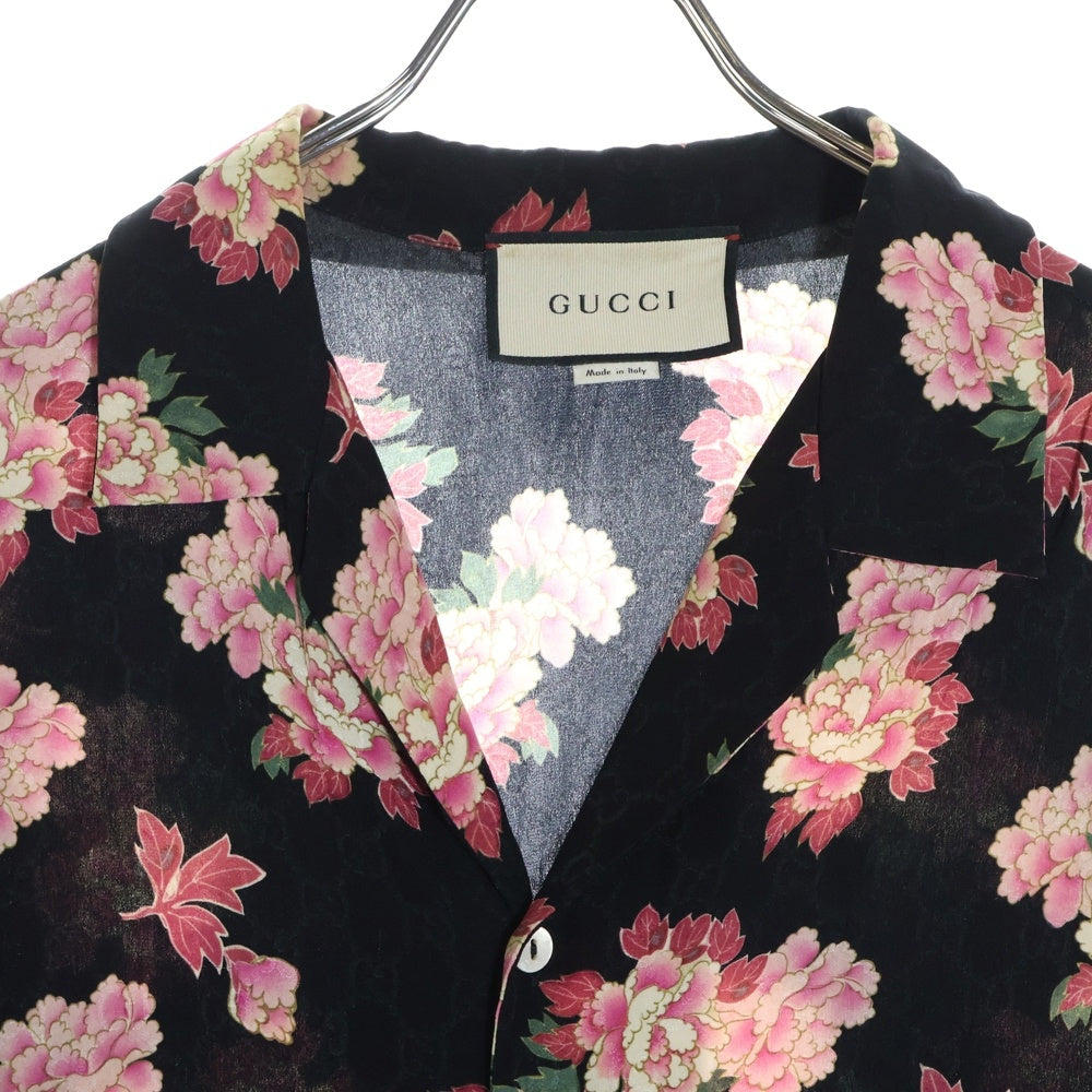 GUCCI(グッチ) フラワープリント GG総柄 オープンカラー半袖シルクシャツ ブラック 625502 ZAEP6