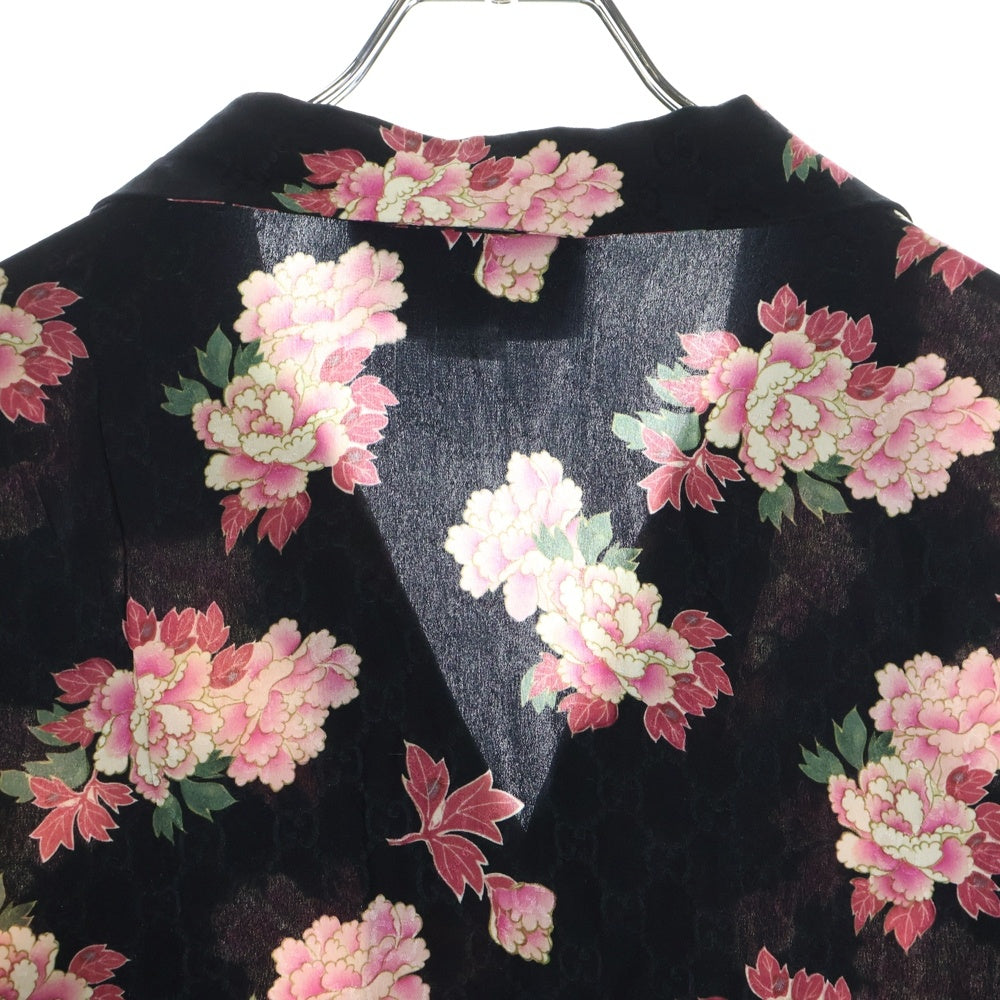 GUCCI(グッチ) フラワープリント GG総柄 オープンカラー半袖シルクシャツ ブラック 625502 ZAEP6