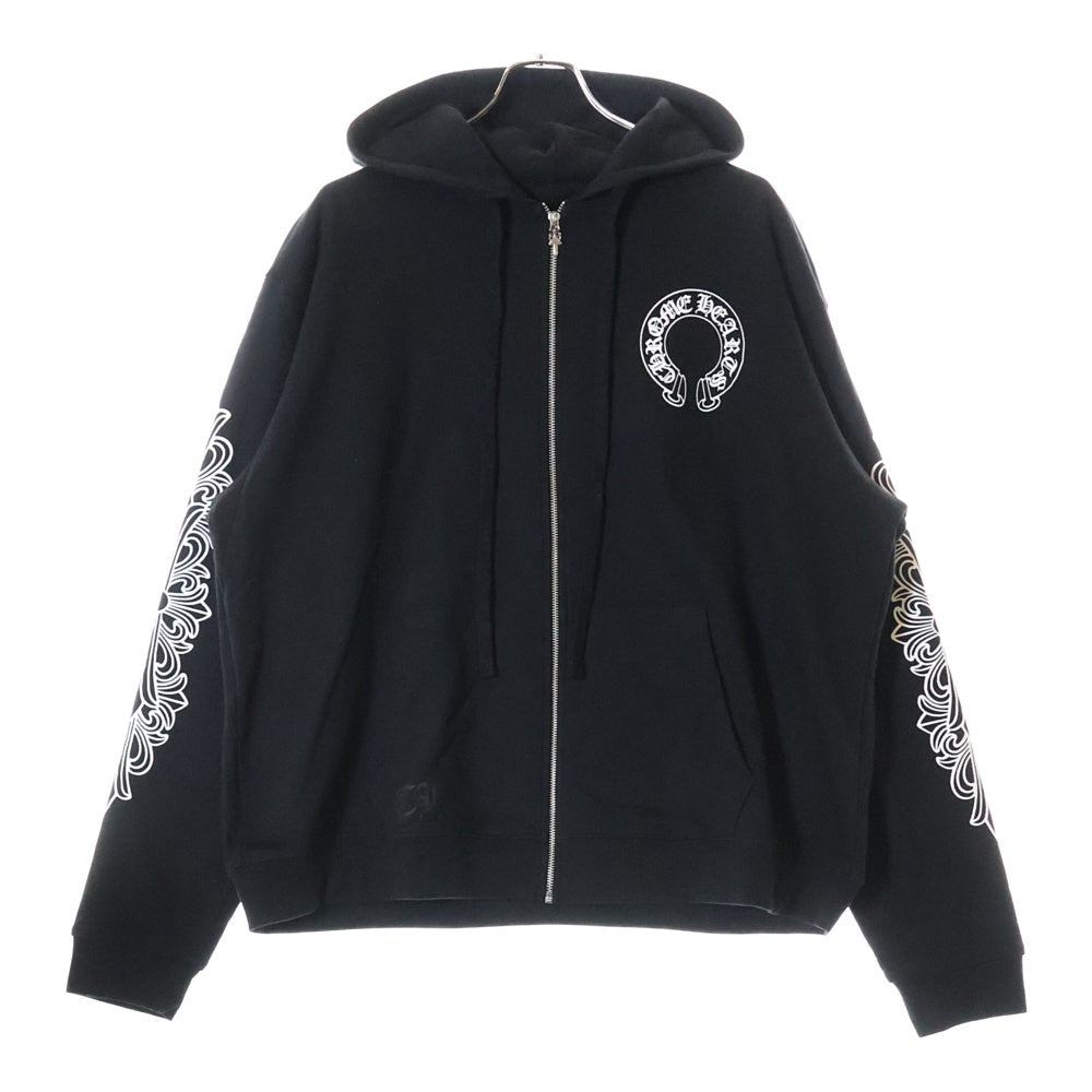 CHROME HEARTS(クロムハーツ) HORSESHOE ZIP UP HOODIE ホースシュー アームフローラル プリント ジップアップ スウェットパーカー ブラック
