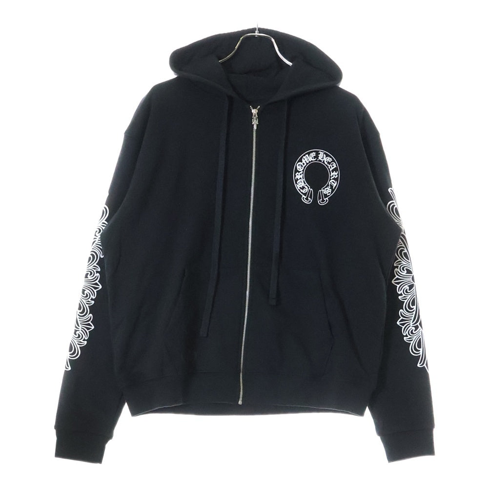 CHROME HEARTS(クロムハーツ) HORSESHOE ZIP UP HOODIE ホースシュー アームフローラル プリント ジップアップ スウェットパーカー ブラック