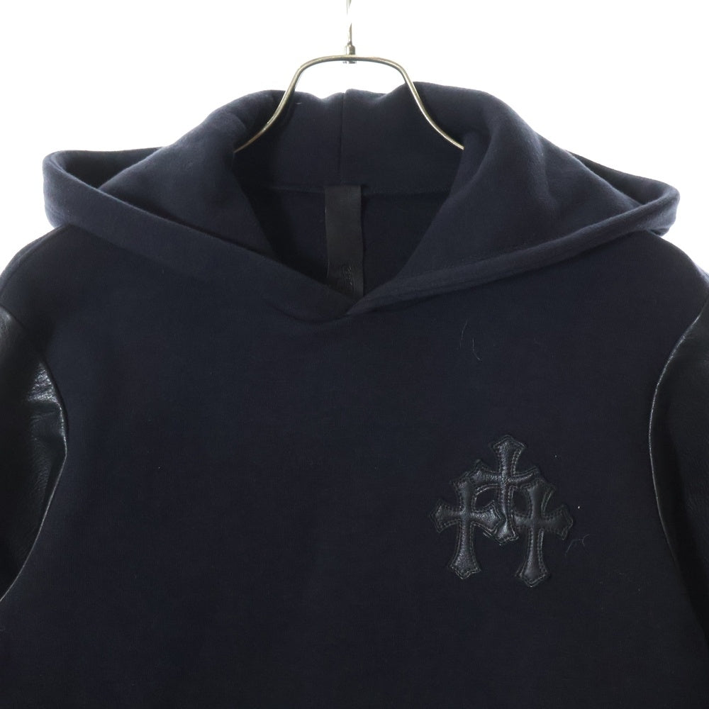 CHROME HEARTS(クロムハーツ) 袖レザー切り替え クロスパッチ付き プルオーバーパーカー ブラック