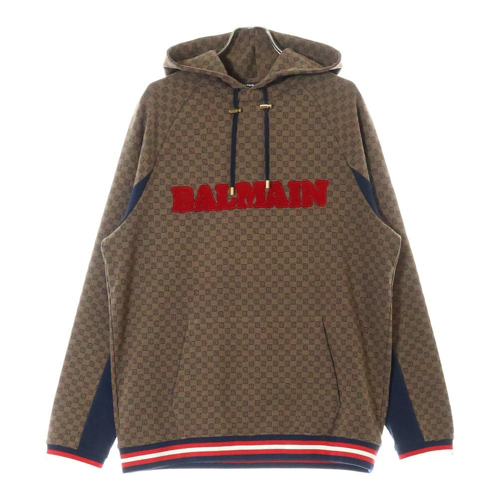 BALMAIN(バルマン) フロッキーロゴ モノグラムロゴプルオーバーパーカー ブラウン JT205BC53