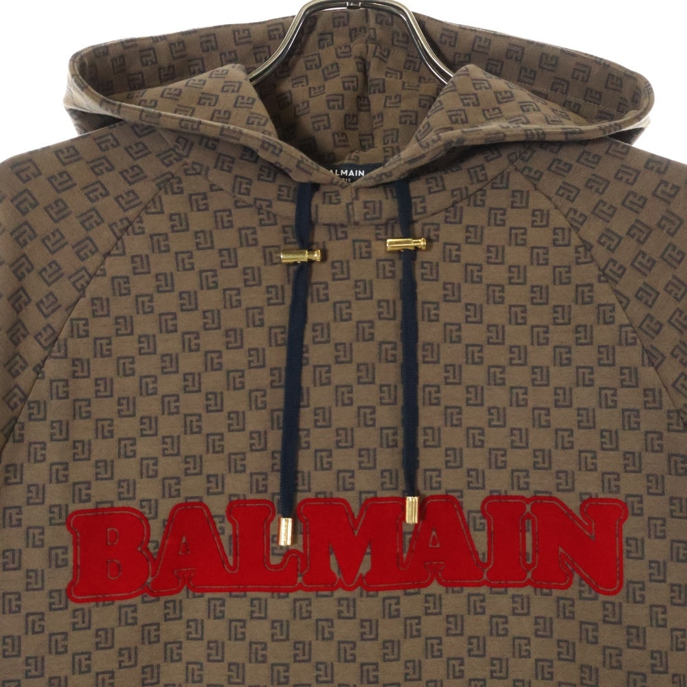 BALMAIN(バルマン) フロッキーロゴ モノグラムロゴプルオーバーパーカー ブラウン JT205BC53