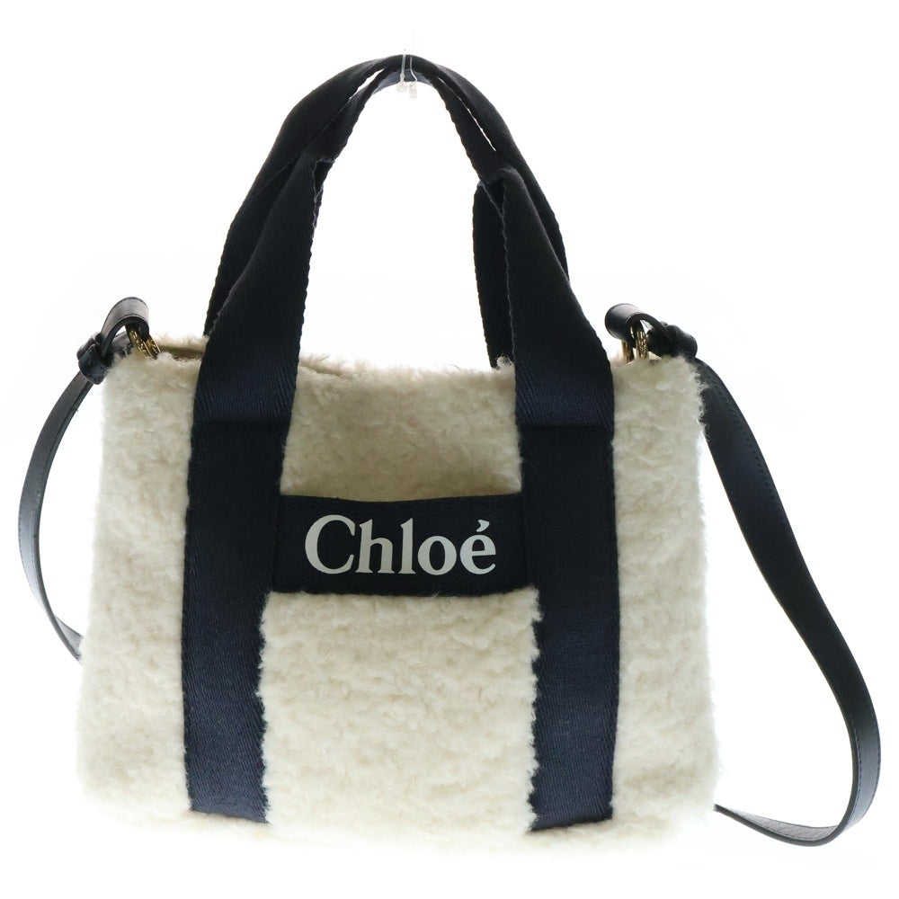 Chloe(クロエ) ロゴプリント 2WAY バイカラー フェイクファー ハンドバッグ ショルダーバッグ ホワイト レディース