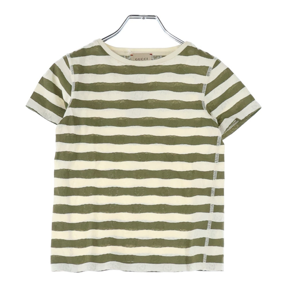GUCCI(グッチ) GGロゴ総柄 ボーダー キッズ クルーネック 半袖Tシャツ カーキ/ホワイト 721727 XJEYN