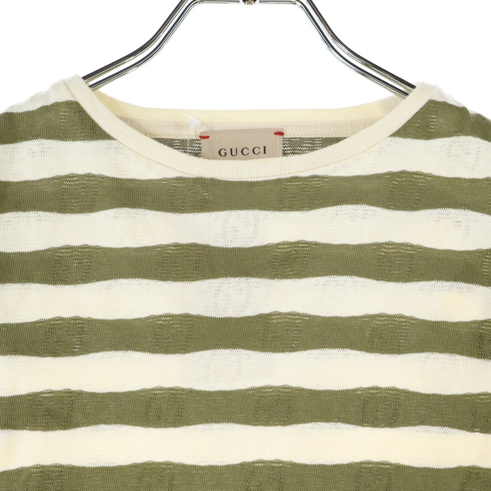 GUCCI(グッチ) GGロゴ総柄 ボーダー キッズ クルーネック 半袖Tシャツ カーキ/ホワイト 721727 XJEYN