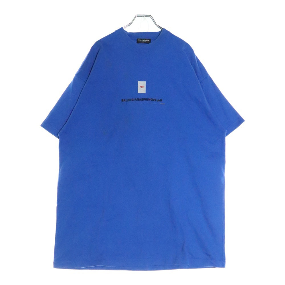 BALENCIAGA(バレンシアガ) 22SS PDFロゴ刺繍 オーバーサイズ半袖Tシャツ クルーネックカットソー ブルー 676589 TLVF7