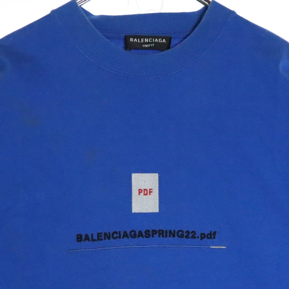 BALENCIAGA(バレンシアガ) 22SS PDFロゴ刺繍 オーバーサイズ半袖Tシャツ クルーネックカットソー ブルー 676589 TLVF7