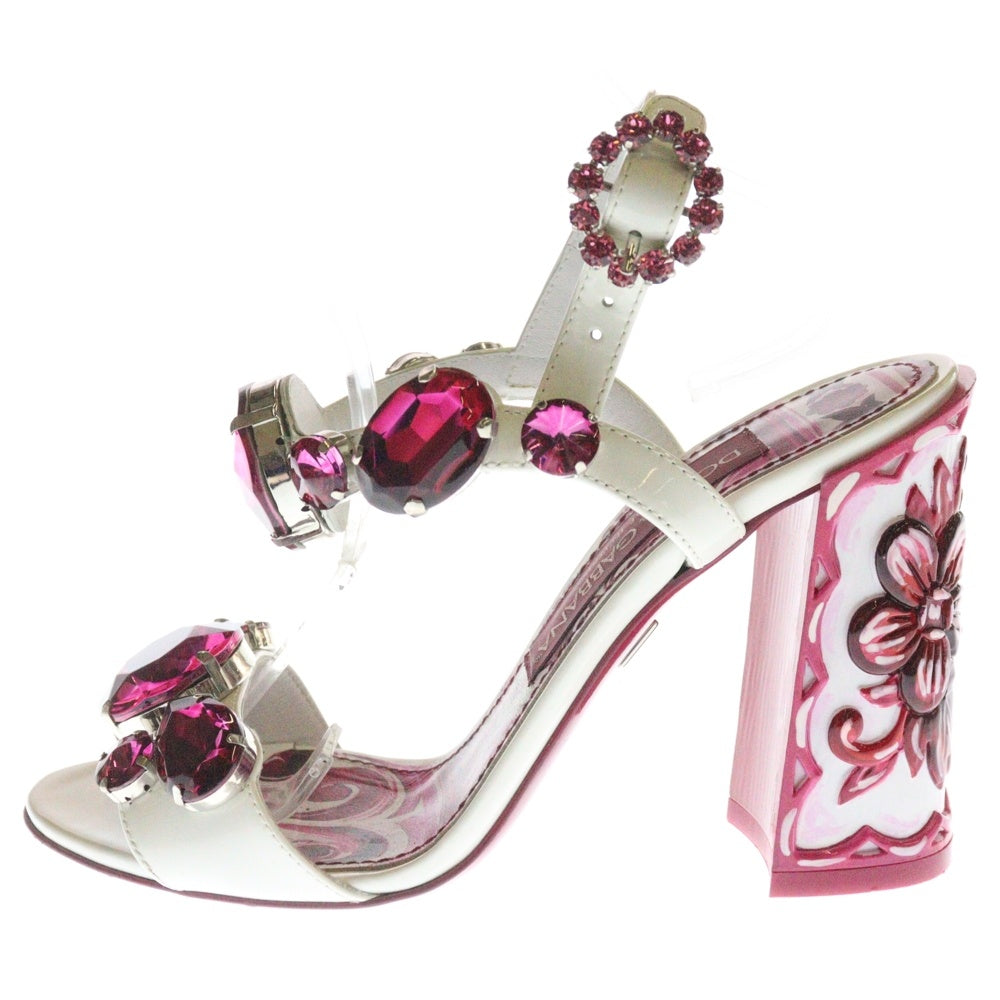 DOLCE & GABBANA(ドルチェアンドガッバーナ) フローラル ブロックヒール クリスタル装飾 レディース ヒール ピンク