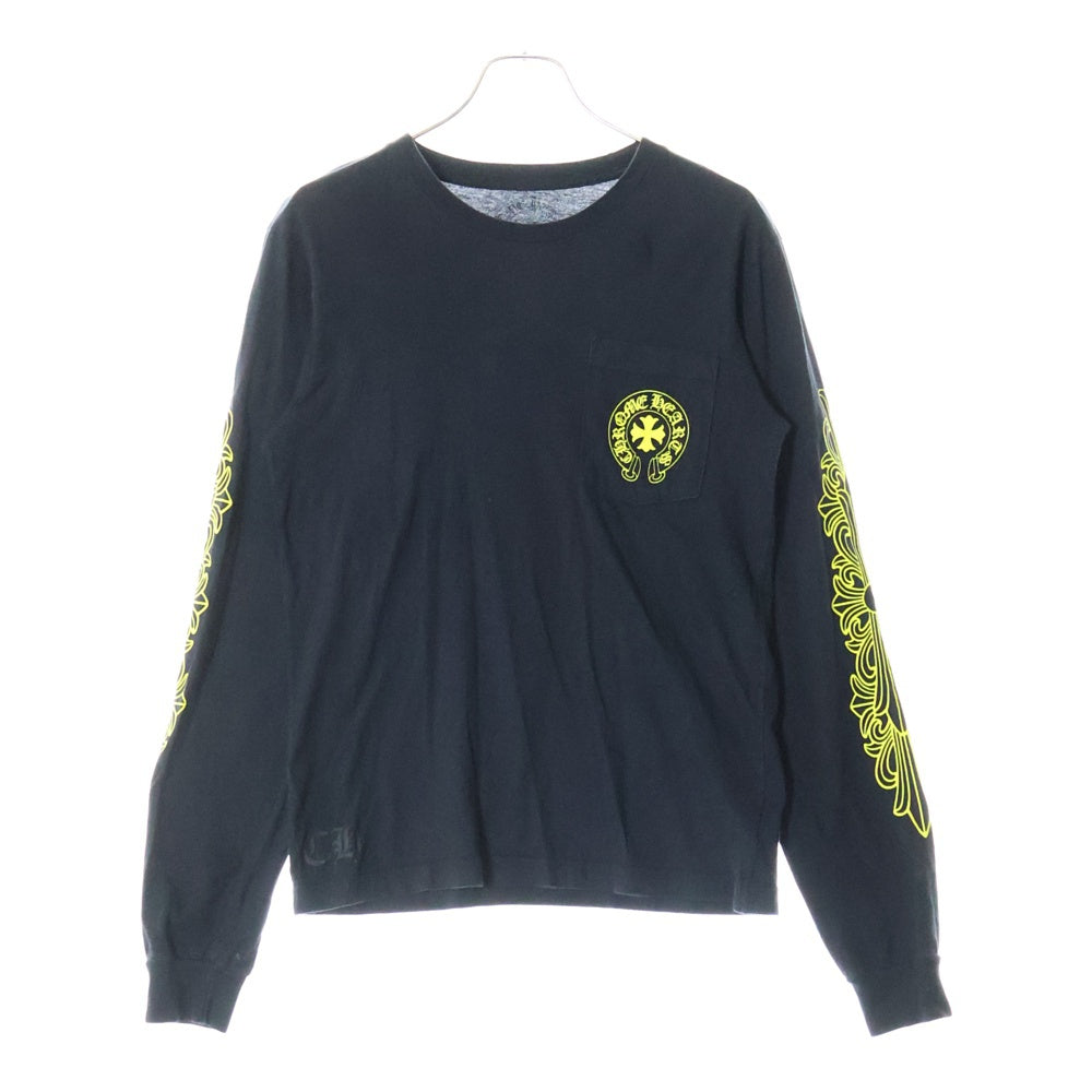 CHROME HEARTS(クロムハーツ) CH PLUS フロントCHプラスプリント 袖フローラルクロスプリント クルーネック 長袖Tシャツ ブラック/イエロー